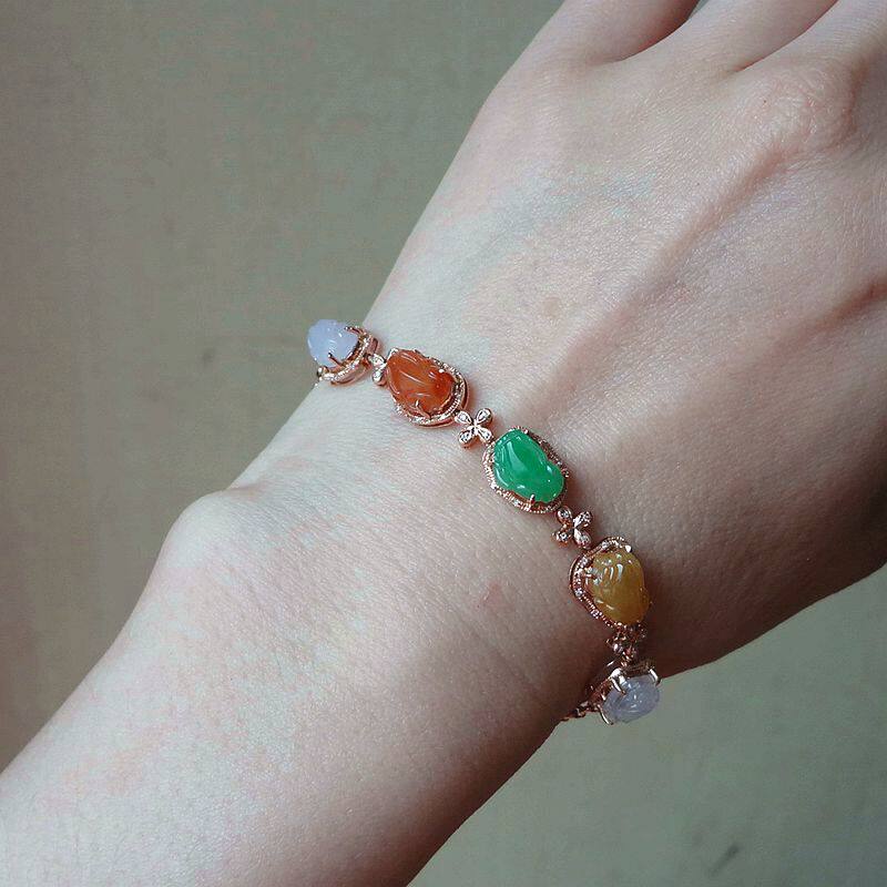 旺财辟邪 天然翡翠a货冰透五色貔貅18k彩金嵌钻女士手链 证书_7折现价