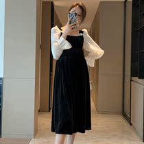 Maternity dress net red spring and autumn fashion thin maternity dress Spicy mom socialite gold velvet long sleeve dress