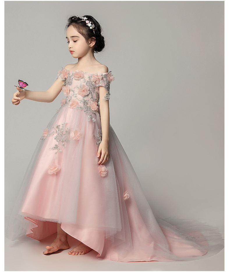 女童晚礼服公主裙儿童拖尾婚纱花童蓬蓬裙粉色主持人钢琴演出服秋