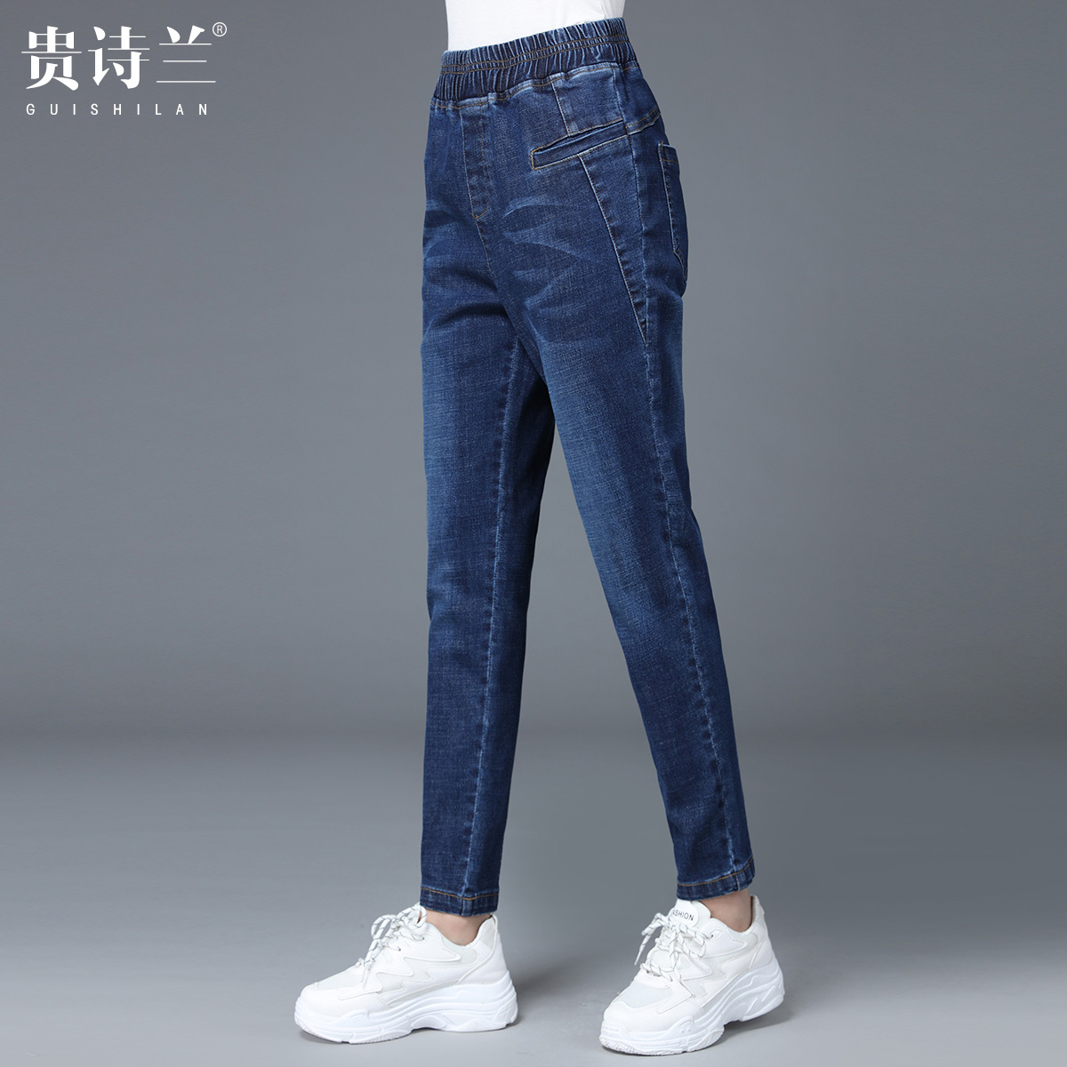Fat Mom Pants Spring Summer Clothing Plus Fattening Overweight Women Pants 90% Pants Mid Aged Tightness High Waist Straight Drum Jeans