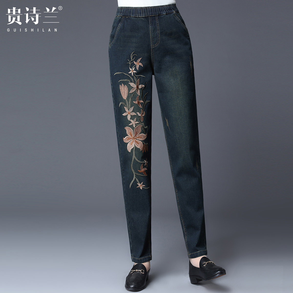 Middle-aged and elderly jeans women autumn and winter New Large size mother pants foreign style embroidered middle-aged casual pants 200 Jin