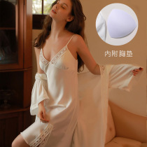 Silk pajamas womens nightgown summer thin sling nightgown with chest pad spring and autumn Ice Silk two-piece home wear