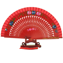 Open and close smooth double-sided Spanish fan solid wood fan bone fan hand-painted red fan cheongsam show dance fan performance