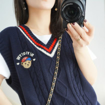 Color-color embroidery bear V-neck vest knitted womens outer fashion waistcoat tide spring and autumn loose new sweater