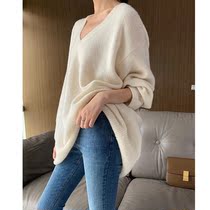 Chicken heart collar loose sweater womens sleeve head Lazy Wind Casual 2021 Exterior Wearing Autumn winter 100 lap big code v collar