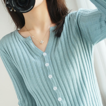 Early autumn wool knitted cardigan womens spring and autumn short coat long sleeve thin slim sweater slim top V