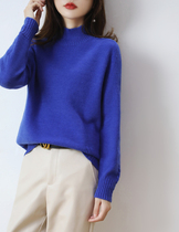Blue sweater woman small sub half height collar short cut casual cover knitted wool sweater thickened with long sleeves bottom