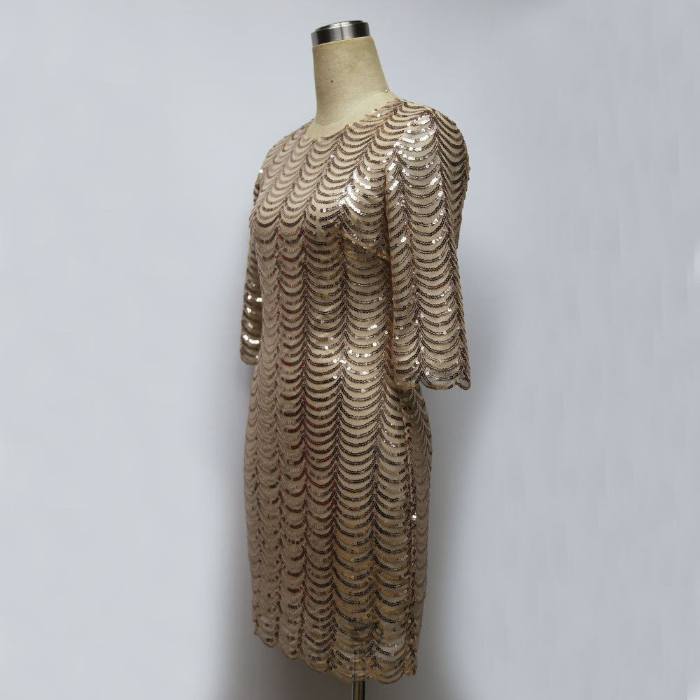 亚马逊欧美女装 鱼鳞亮片中袖 圆领 短款 连衣裙