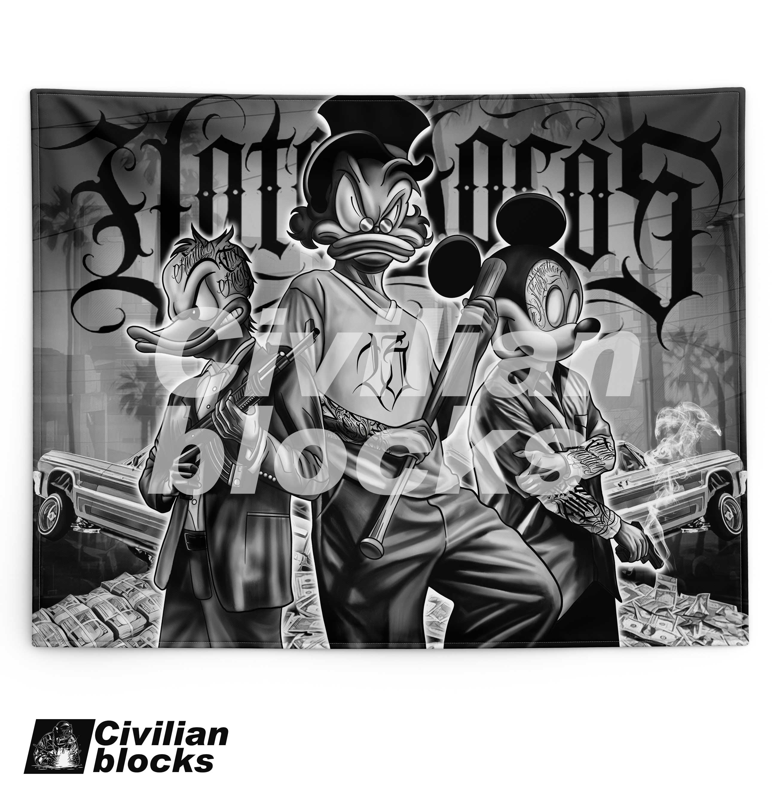 定制奇卡诺西海岸花体字gta匪帮唐老鸭米老鼠嘻哈hiphop背景布