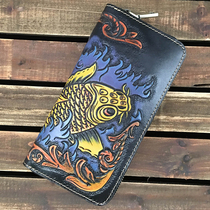 Long zipper handbag head layer tanned cowhide carp leather carp leather carved wallet wealth cloth handbag large capacity wallet