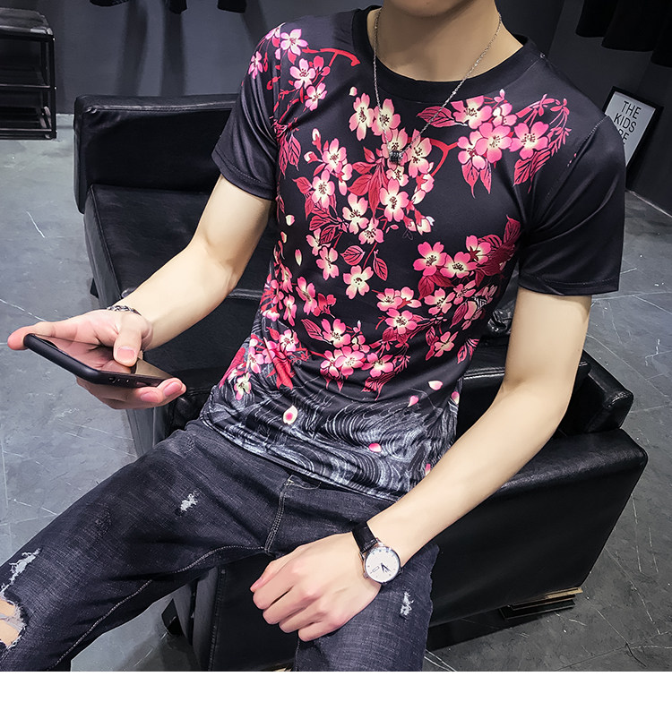 社会风精神小伙2019夏季主推新款冰丝面料花t男士夏季短袖t恤p30