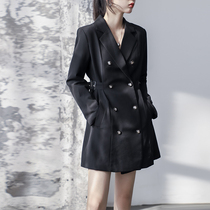 Handsome medium-length blazer female spring and autumn Korean version of double-breasted student long-sleeved suit black iron buckle