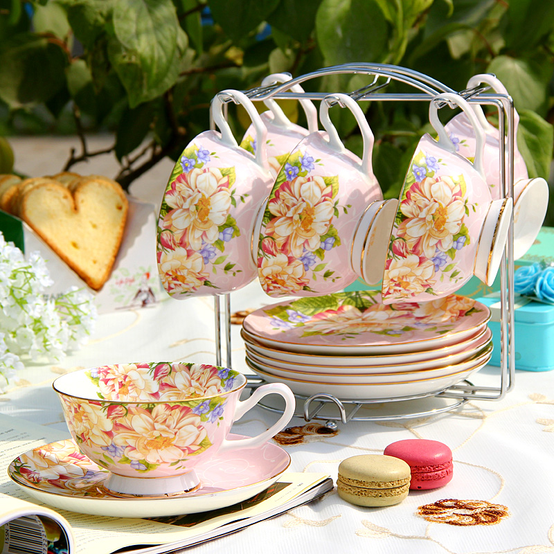 Coffee cup set ceramic European tea English afternoon tea tea set red cup dish 6 cup with light shelf of key-2 luxury