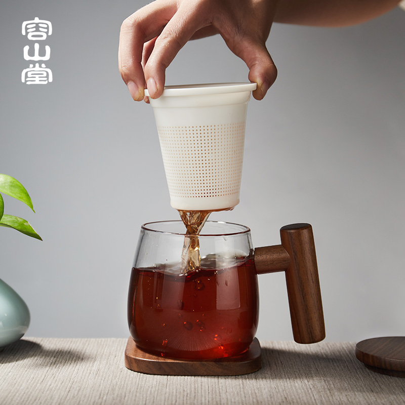 RongShan hall make tea tea glass ceramic separation tank filter with cover keller cup office wood handle