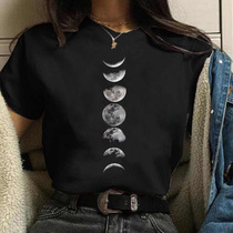 Maycaur New Funny Moon Print T Shirt Women White and Black S