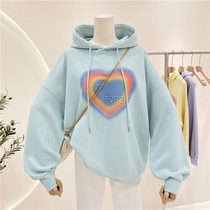 2021 light blue autumn new sweater female hooded loose love print bf lazy wind Korean yellow long sleeve