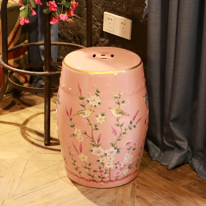 Pink flowers and birds in the geometry space 】 【 ceramic drum who household soft outfit decoration floor furnishing articles of dress rouge birds