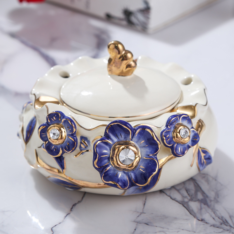 European new royal blue name plum flower series European ceramic ashtray sitting room adornment bedroom with cover the ashtray furnishing articles