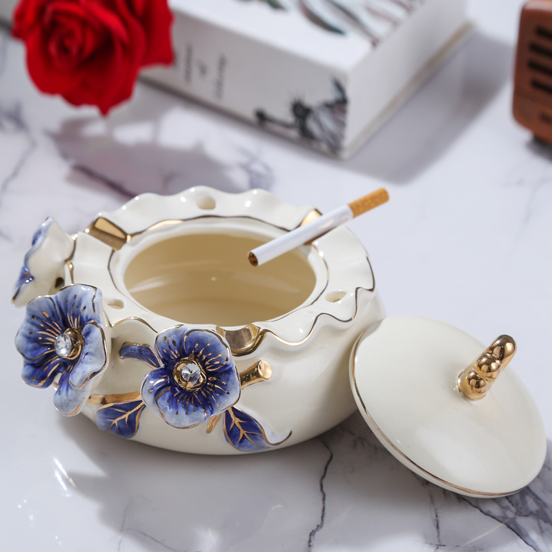 European new royal blue name plum flower series European ceramic ashtray sitting room adornment bedroom with cover the ashtray furnishing articles