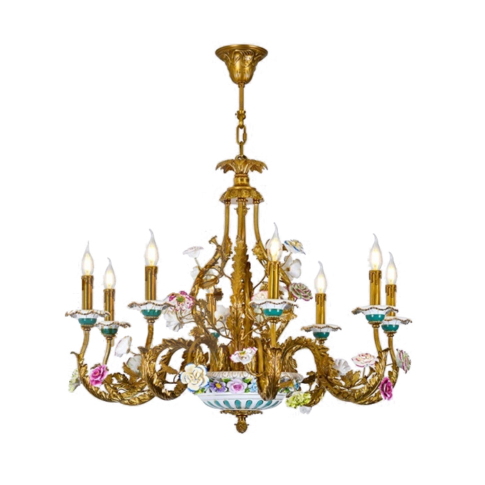 French full copper chandelier European - style key-2 luxury bedroom sitting room, dining - room lamp pure copper ceramic flower princess romantic villa, lamps and lanterns