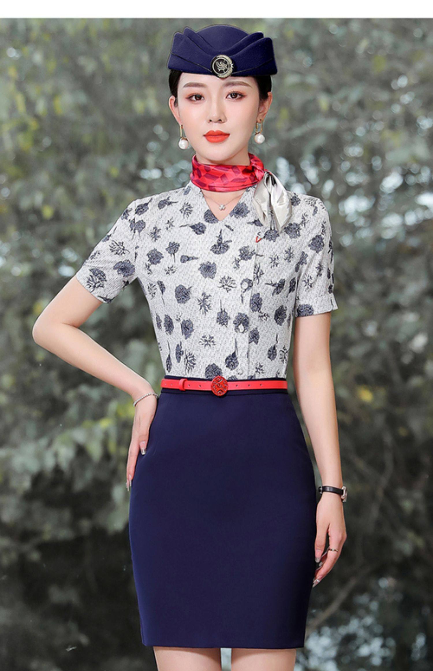 酒店前台工作装女夏季印花衬衫售楼工作服空姐制服职业装短袖衬衣