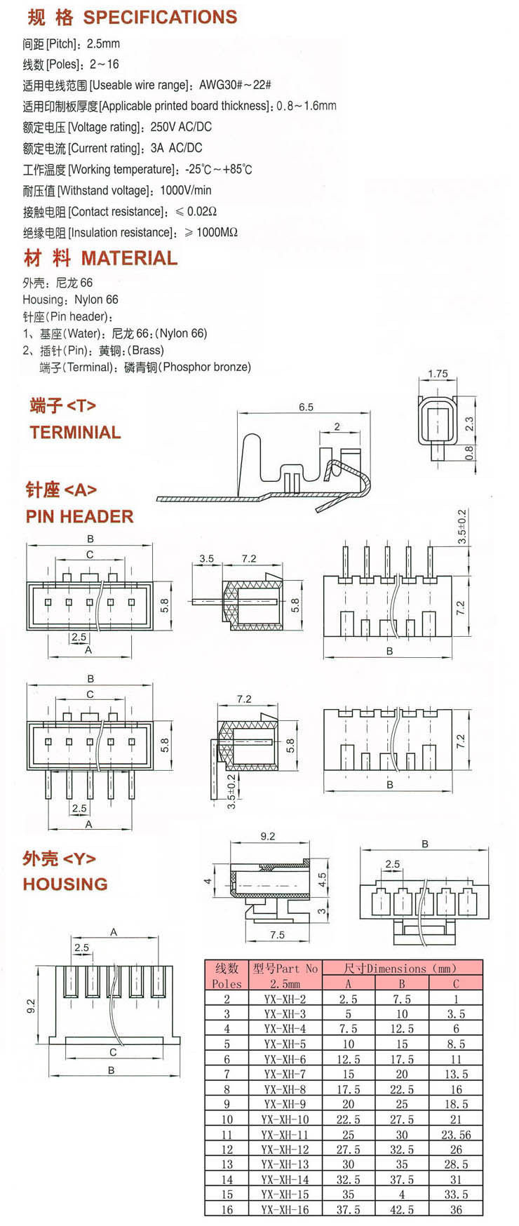 xh2.54mm接插件连接器2p/3/4/5/6/8/10-20p插头 直针插座 端子