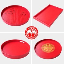 Wooden tray red wedding round veneer tea tray toasting plate wedding candy large small wedding plate