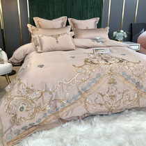 Eurostyle upscale luxury pure cotton linen 4 pieces of real silk embroidery quilt cover spring autumn full cotton high-grade sense bed bedding