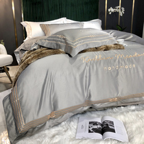 Upscale 5 star hotel Pure cotton four pieces Eurostyle Embroidered Real Silk Ice Cover Pure Color All-cotton Bed Supplies