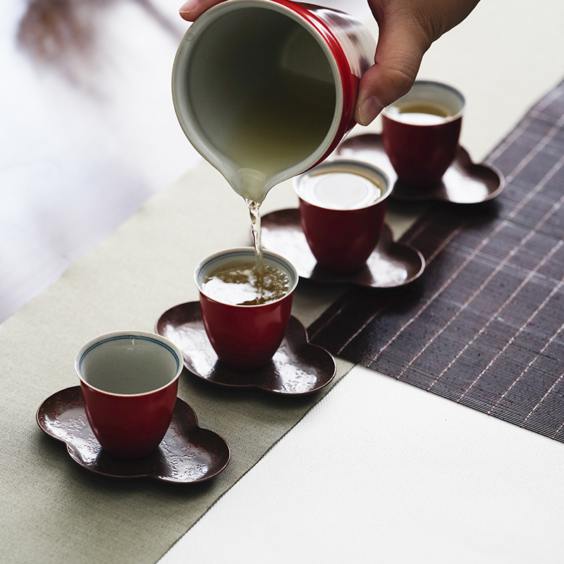 Cloud art of jingdezhen manual undressed ore coral red points fair keller of tea, tea and a cup of tea sea kung fu tea set