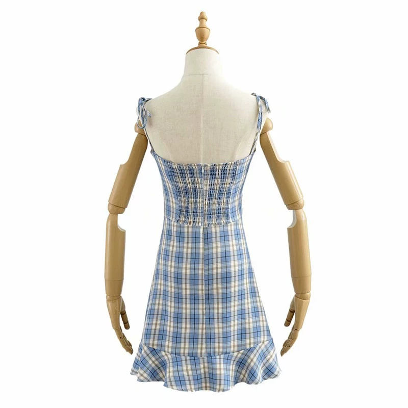 American retro cô gái ống trên cùng dây đeo màu xanh kẻ sọc váy nữ retro cạp cao váy ngắn màu tím xù - Váy eo cao