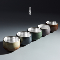 Xin Xuan 999 sterling silver tea cup Zen Ji handmade gilt tea cup kung fu tea set coarse pottery tea bowl Puer Master Cup