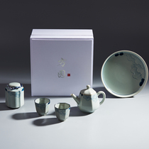 Heart Xuan) hand-painted hibiscus dry bubble set portable office tea set blue and white ceramic teapot tea tray travel tea set