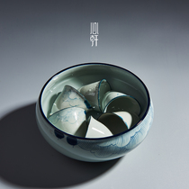 Xinxuan hand-painted hibiscus tea wash ceramic large tea wash retro water bowl handmade blue and white tea ceremony accessories built water pen wash