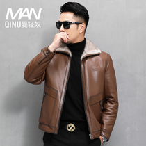 Leather leather mens whole mink mink liner lapel goat leather mink coat short leather jacket fur thick coat