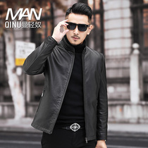 Autumn Haining leather leather jacket mens short stand collar head layer cowhide slim casual leather jacket thin coat men