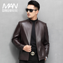 Haining autumn new leather leather jacket mens stand collar short thin casual slim slim leather jacket jacket