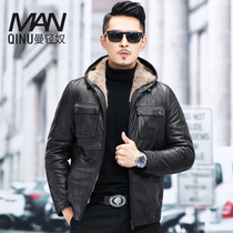 Mink liner leather leather jacket mens short hooded head layer cowhide mink coat leather jacket Haining fur jacket