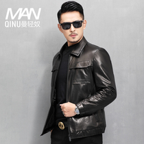 Haining leather down jacket mens short goatskin locomotive jacket leather leather slim thickened jacket
