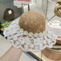 Girls straw hat summer Korean childrens Princess lace sun hat summer sunscreen big eaves beach hat fishermans hat