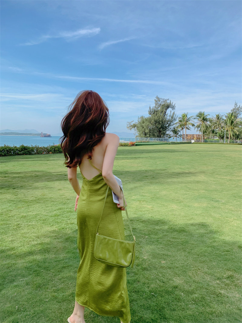 大女主绿裙 绿色修身显瘦露背吊带裙吊带连衣裙长裙女夏 - 17网