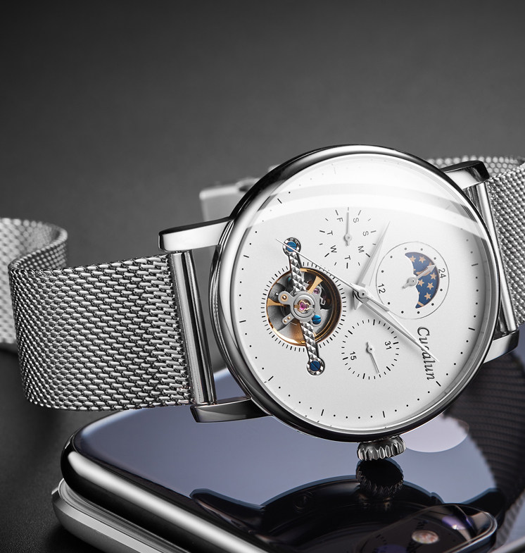 古卡伦男士手表全自动镂空精钢防水夜光手表男机械表时尚2018新款