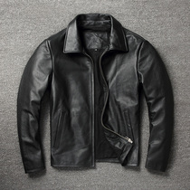 Genuine leather clothing for mens pure heady layer of cow leather with simple leather jacket casual short and short zipper locomotive turned collar jacket