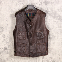 Day-series retro mens genuine leather waistcoat short to make old vests Single-row buttons Riding Sheep Leather Kampa Shoulder