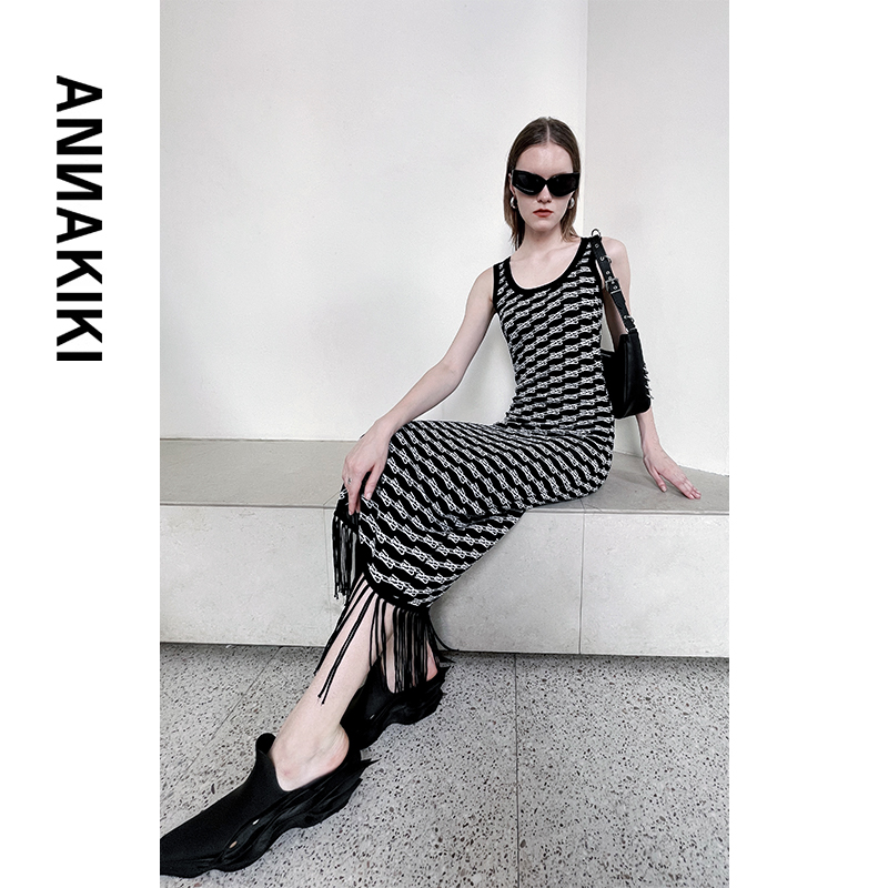 ANNAKIKI连衣裙 设计师款女装小众 LOGO提花修身吊带连衣裙女秋季