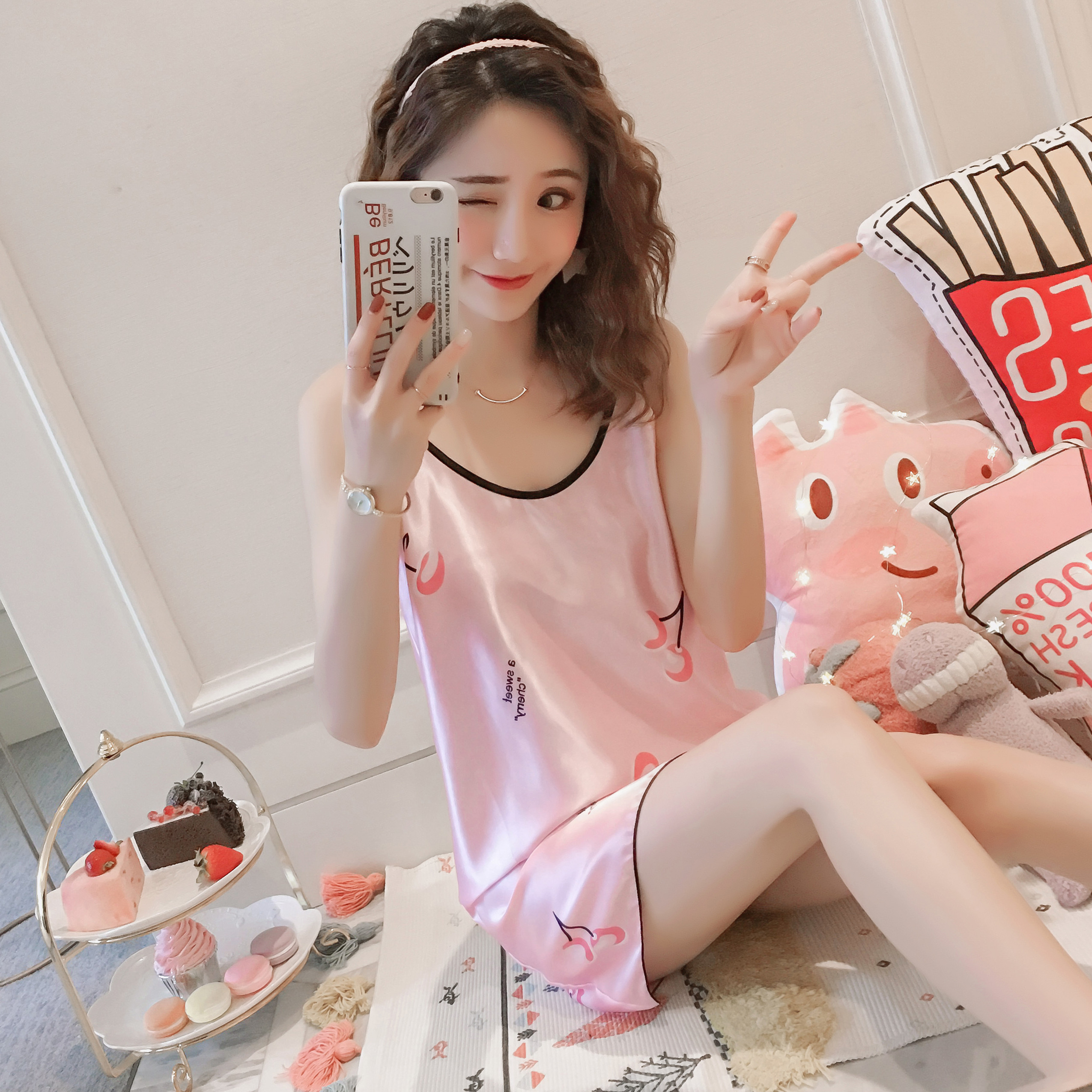 夏季新款清凉吊带裙粉底樱桃休闲宽松睡衣裙