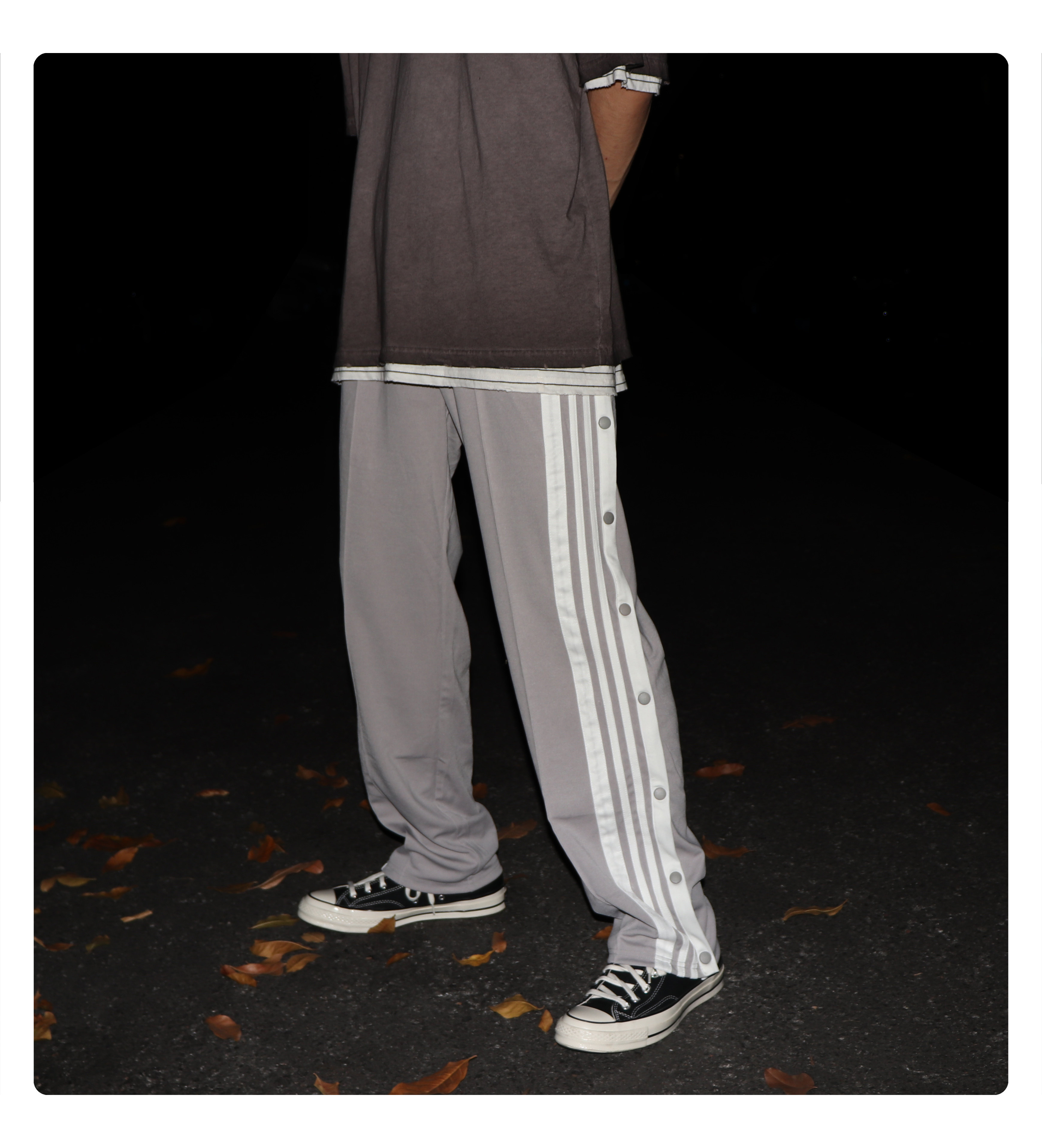 huffnpuff侧扣运动裤三条杠排扣裤纽扣拖地直筒高街裤子面子裤