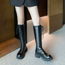 B family long boots Martin boots black boots thick soles thin lace-up high boots Knight boots autumn and winter new boots