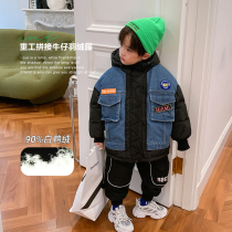 Boys Stitching Denim Down Jacket Thickened 2022 New Winter Clothes Big Boys Childrens Baby Korean Style Fried Street Coat
