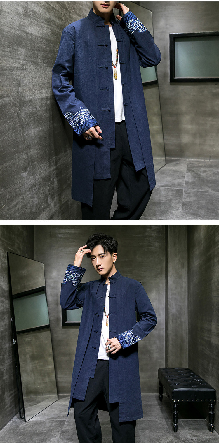 速卖通2019秋季男士刺绣民族服装中式唐装汉服褂子中长款风衣外套